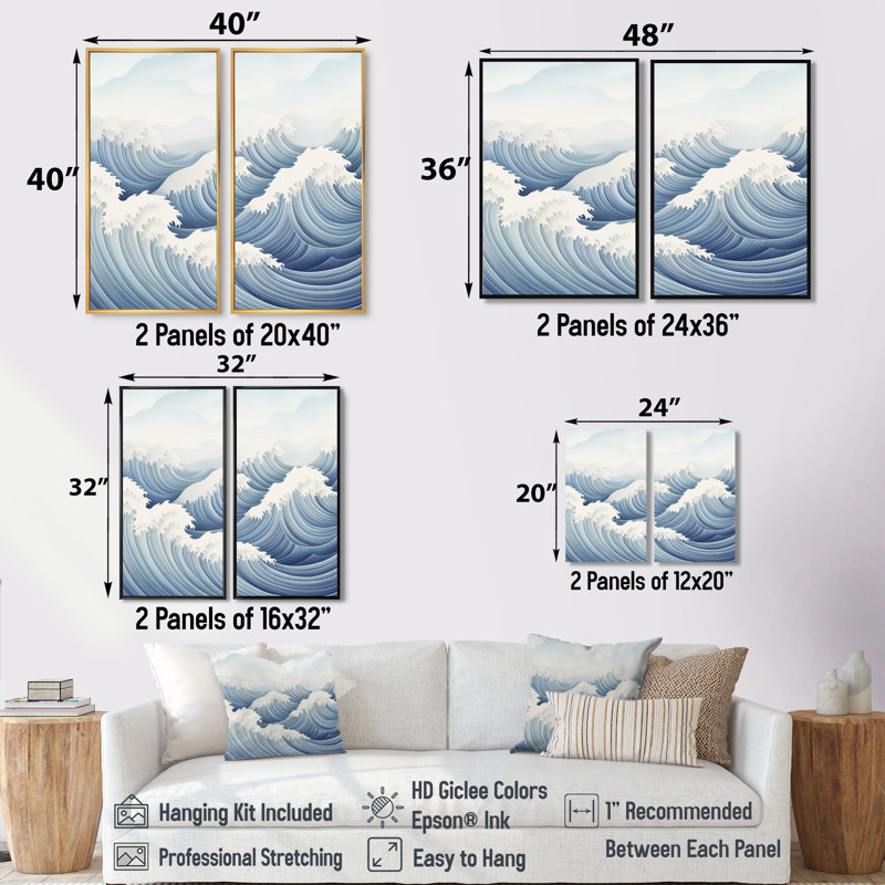 Harmonious Blue Waves Tides - Art mural moderne bleu, Black, 36" H x 48" W, Impression encadrée flottante