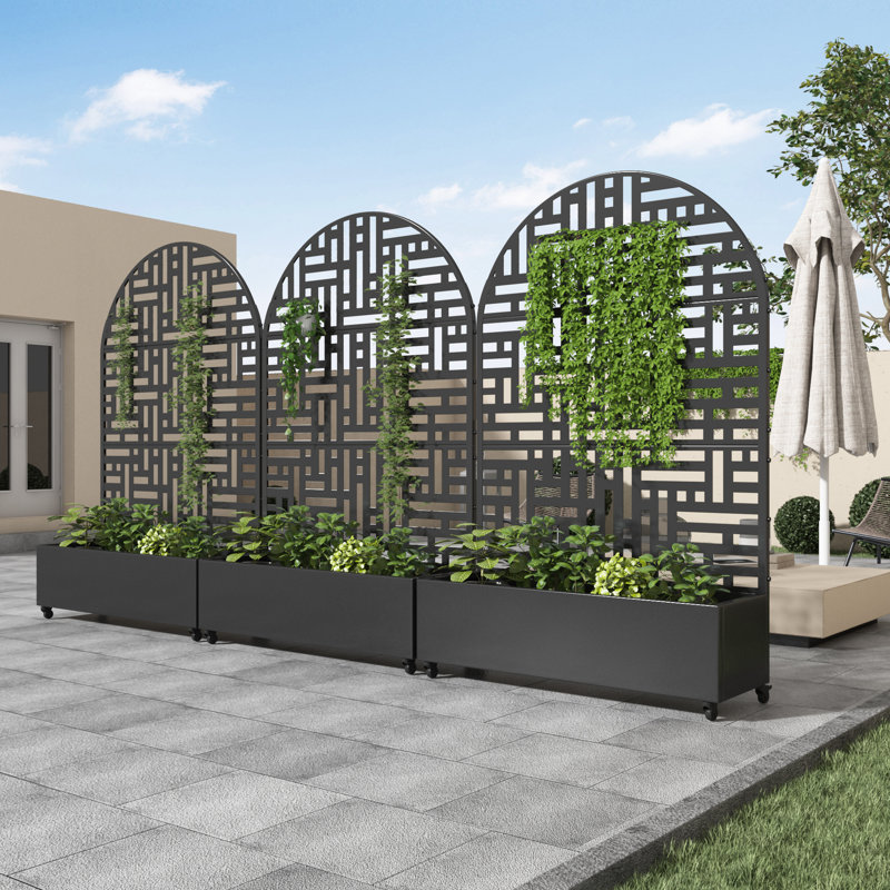 Arch Metal Planter Box with Trellis with Wheels, 72" H x 47" W x 16" D