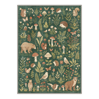 Faunawood Collection Rustic Machine Washable Green / Brown Indoor Area Rug with Non-Slip Backing
