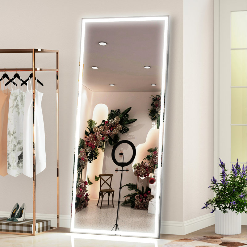 Miroir mural surdimensionné de 72 po x 32 po à DEL avec lumières, 3 modes de couleur, cadre en aluminium, miroir pleine grandeur pour la chambre à coucher et le salon, argent | Idée de cadeau