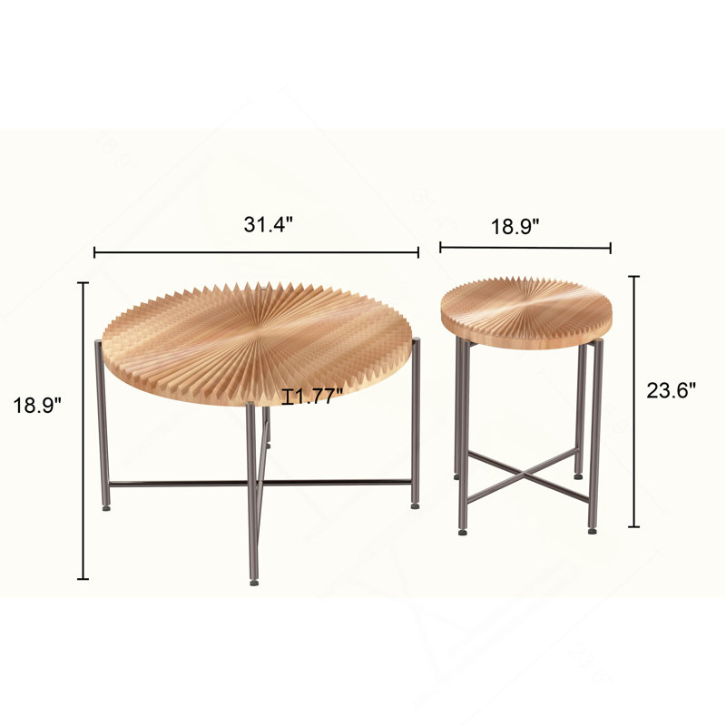 End Table, Radial Pattern 2-Piece Coffee And Set – Waterproof Mdf With Pvc Cover, Distressed Cylindrical Design, Black Metal Legs – Classic Rustic Charm, Red Cedar-Brown