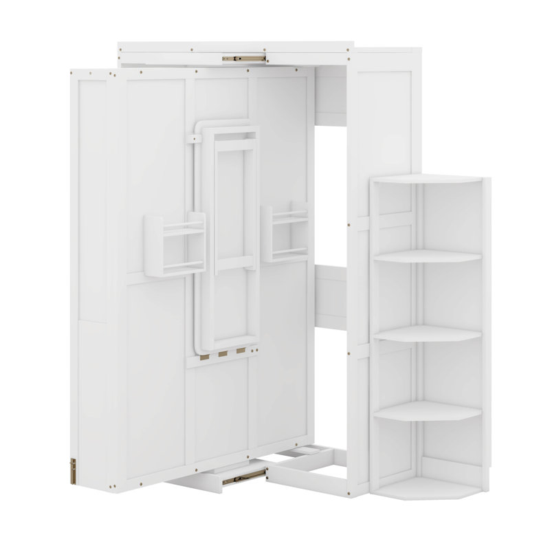 Grand lit escamotable rotatif avec armoire murale cachée, tablettes latérales à 3 niveaux, bureau convertible et supports de rangement supplémentaires