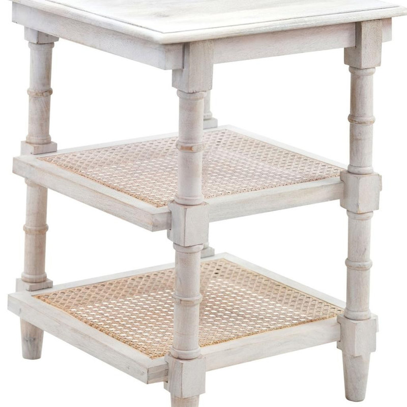 Table de bout 24 po en bois massif blanc antique avec deux tablettes 24 po