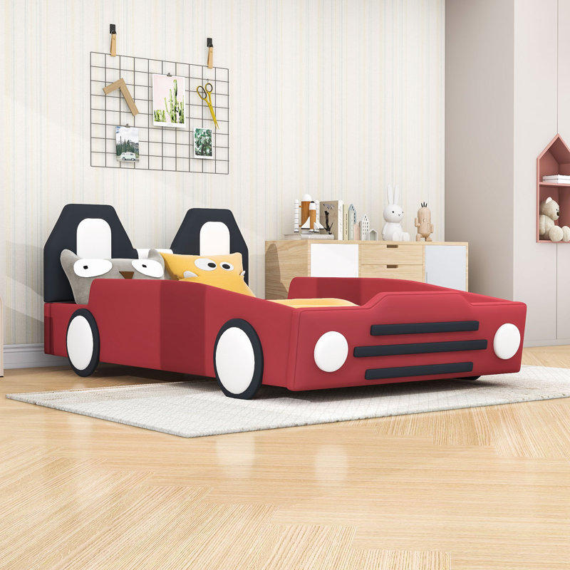 Twin Wooden Car-Themed Bed With Safety Rails, Red