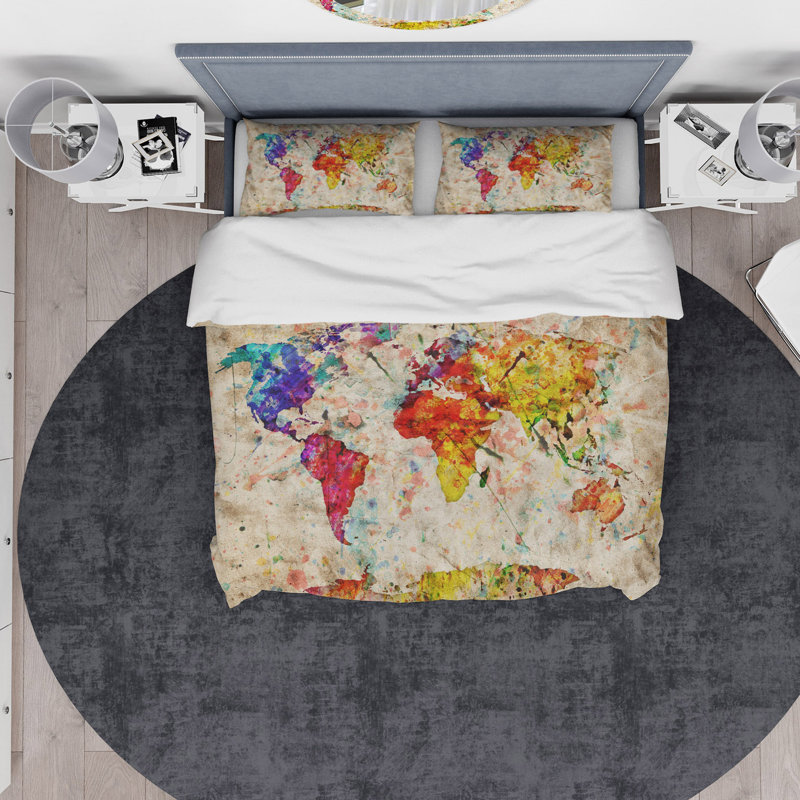 Vintage World Map Multicolor Microfiber Queen Duvet Cover Set