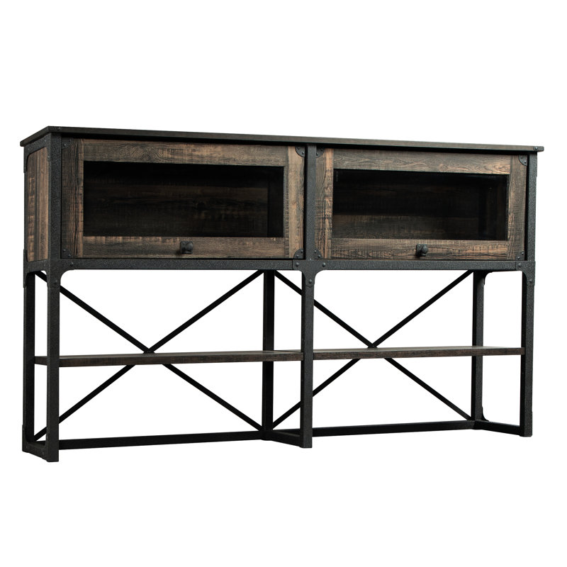 Brun industriel pour bureau, fabrication en bois d'ingénierie, 3 tablettes horizontales réglables, portes en verre trempé encadrées, bureau à tablettes ouvertes en brun, construction, tablettes réglables, rangement