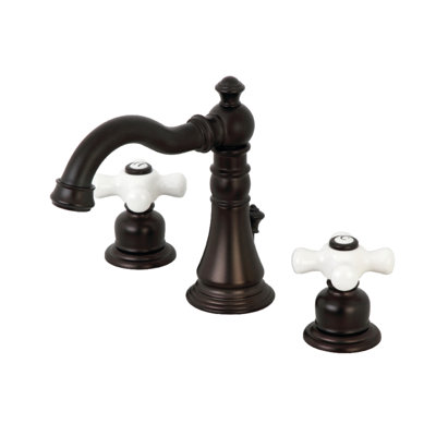 Kingston Brass American Classic Two-Handle 3-Hole Deck Mount Widespread Bathroom Faucet with Pop-Up Drain