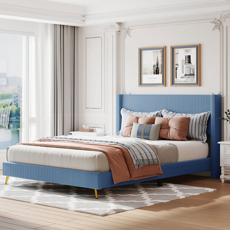 Cadre de lit moderne avec tête de lit en bois, Bleu