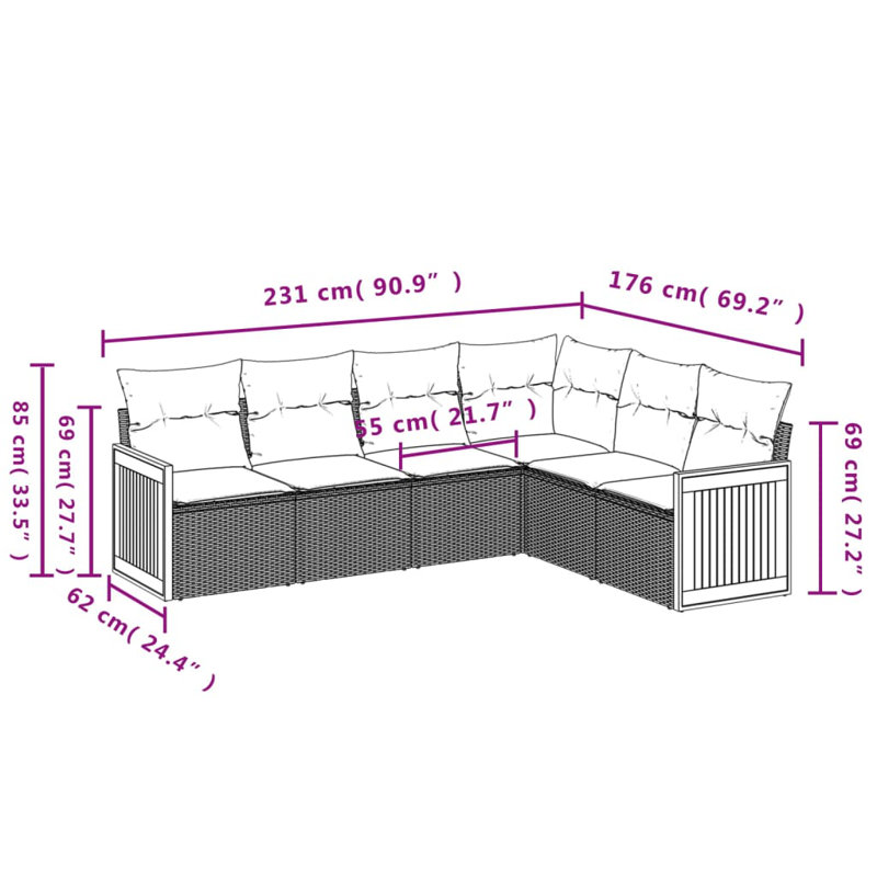  Ensemble de canapé de patio 6 pièces avec coussins en rotin de polyester noir
