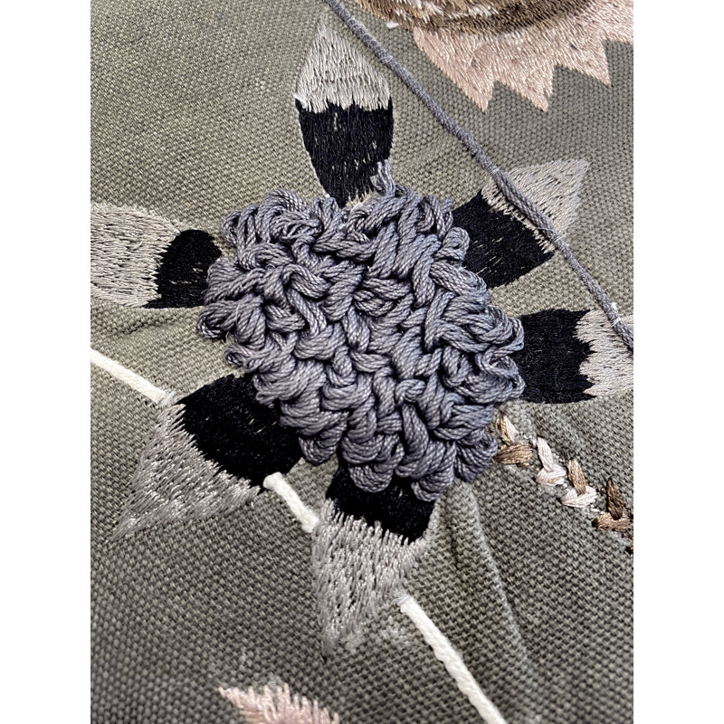 Gray and Green Cotton Embroidered Square Pillow 18x18"