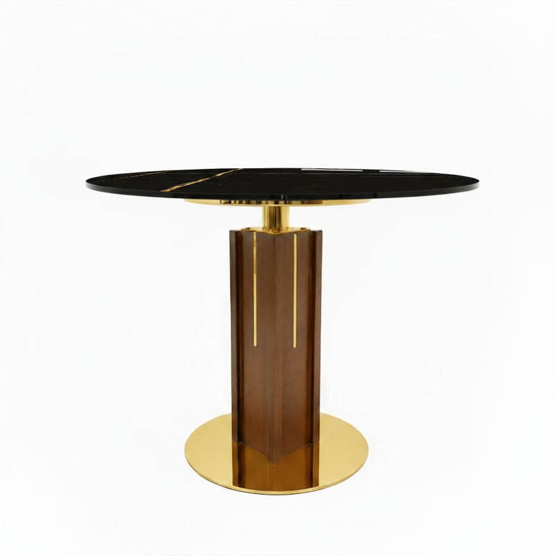 Table de salle à manger ronde 33 po de luxe avec piédestal multicouche en noyer et base en or brossé - disponible en verre, marbre, marbre chaud et dessus en marbre noir