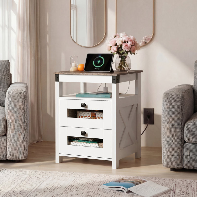 Gracie Oaks 17.7'' W Nightstand With Charging, USB & AC Outlets, Rustic Narrow Bedside Table With 2 Storage Drawers, Wooden Couch Table With Open Compartment For Living Room, Bedroom