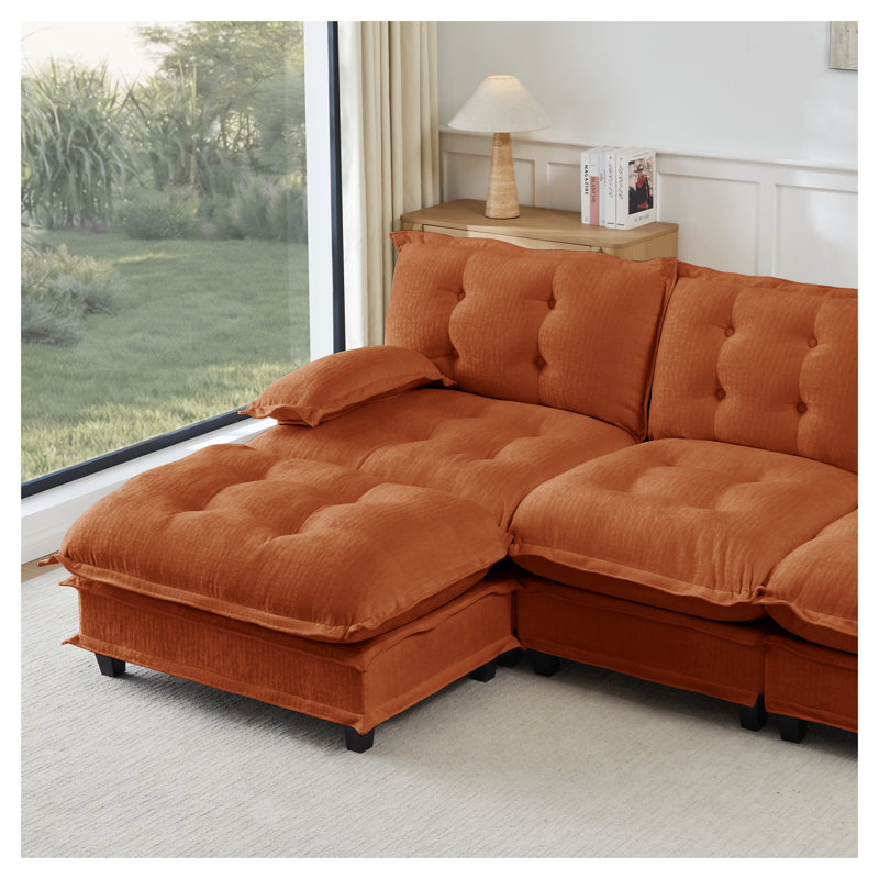 Canapé modulaire en L 77 po avec repose-pieds en chenille orange et siège profond de 77 po pour chambre à coucher