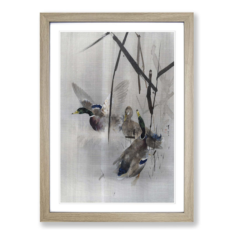 Ducks in the Rushes by Watanabe Seitei - Picture Frame Painting Print, Oak Framed, 48cm H x 36cm W x 2cm D
