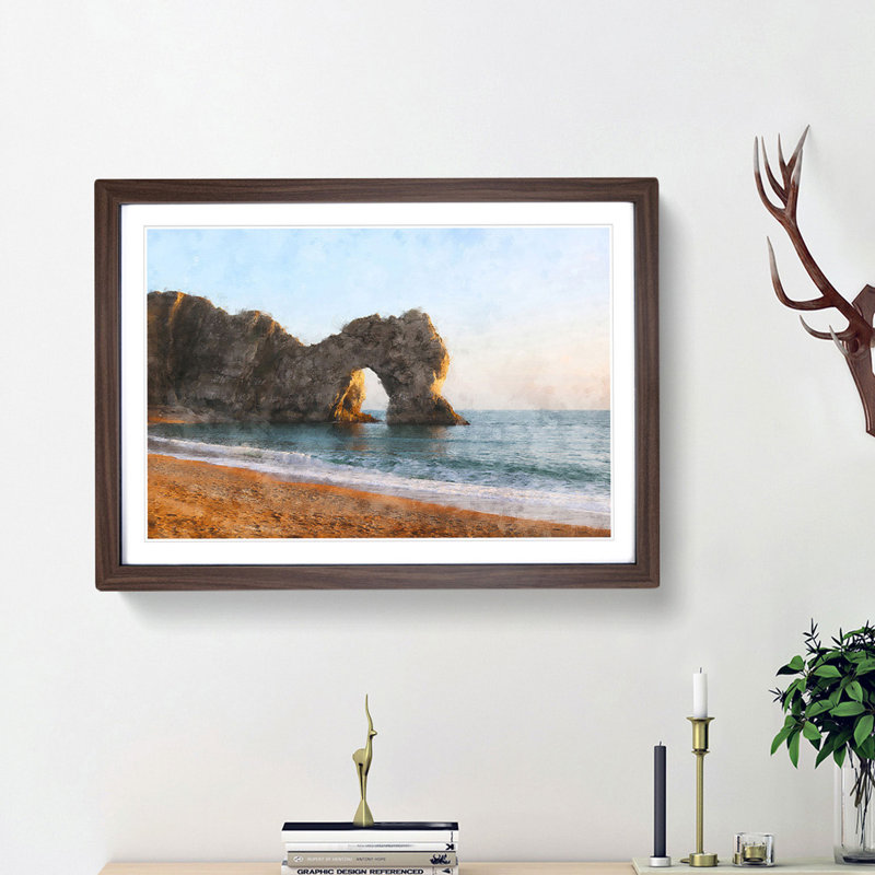 Durdle Door Cliffs at Sunset - Picture Frame Painting Print, 33cm H x 45cm W x 2cm D, Walnut Framed