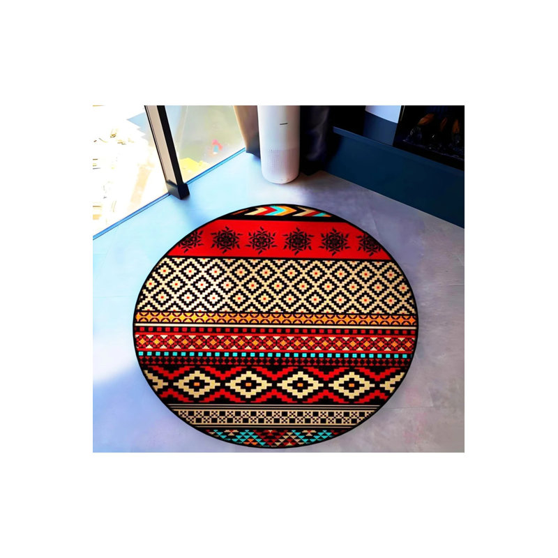 Red Black Ethnic Pattern Detailed Woven Base Modern Decorative Carpet, Round 2'8"