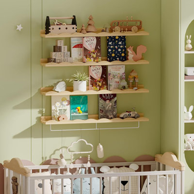 Ensemble de 4 tablettes murales festonnées avec porte-serviettes pour chambre d'enfant, tout-petits, décoration et rangement de chambre de bébé, bois naturel