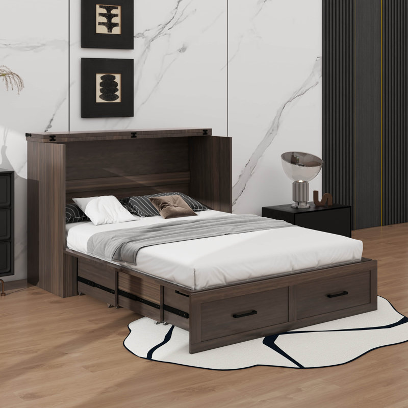 Grand lit escamotable avec station de charge, Gris rustique