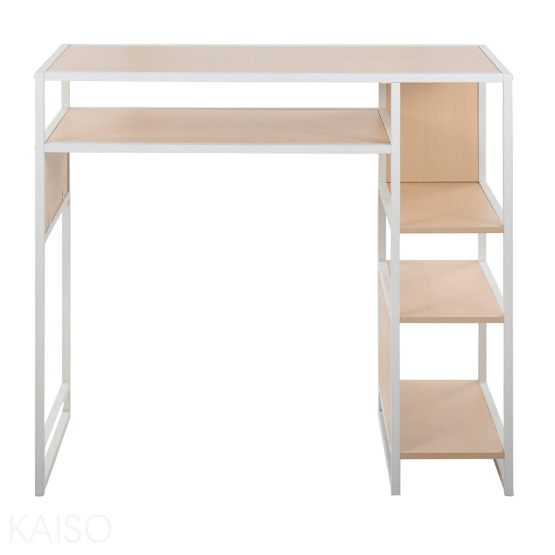 Table à hauteur de bar avec espace de rangement en métal blanc et bois naturel, Blanc / Naturel