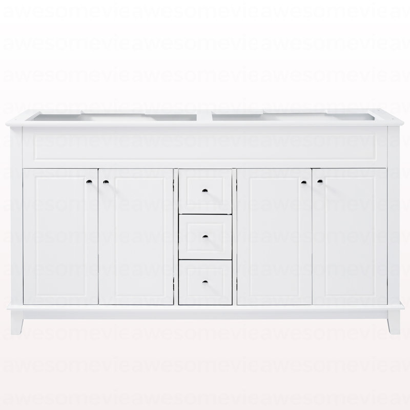 Armoire de meuble-lavabo 58 po seulement, 3 tiroirs et 4 portes (2 avec tablettes à double couche), pieds en bois massif, fermeture en douceur, blanc