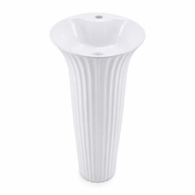 One‑Piece Freestanding Pedestal Sink, White Vertical Fluted Trumpet‑Shaped Ceramic Bathroom Sink for Back‑to‑Wall Mount, Faucet and Drain Hardware Not Included