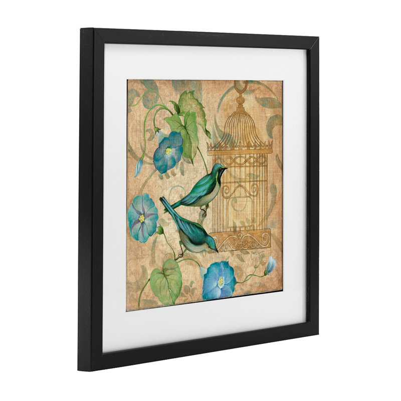 «Spring's Song Green Birds», reproduction sous verre encadrée, design par Janet Tava, H 13 po x l 13 po, Cadre noir minuit