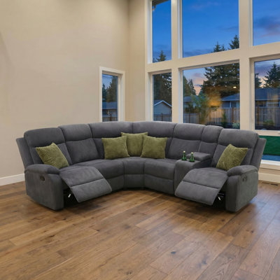 Dark Grey Striped Fabric Reclining Sectional Sofa, 3-Piece With Storage Console & Adjustable Positions, Ergonomic Lumbar Support, Cup Holders, Multi-Position Recline For Relaxation & Sleep