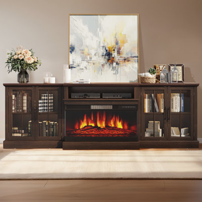 Meuble télé de style ferme de 250 cm avec foyer de 90 cm pour salon, centre multimédia avec étagères réglables et grands placards de rangement, compatible avec les téléviseurs jusqu'à 254 cm.