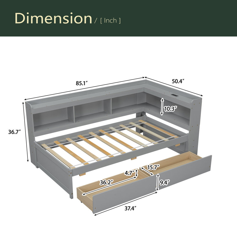 Lit en forme de L avec bibliothèques avec prises de courant, ports de chargement USB, deux tiroirs, Lit simple, Gris