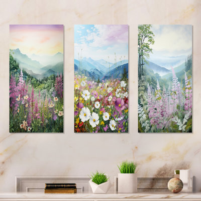 «Pink Ferns Hill In Canada», ensemble de 3 art mural paysage floral en métal