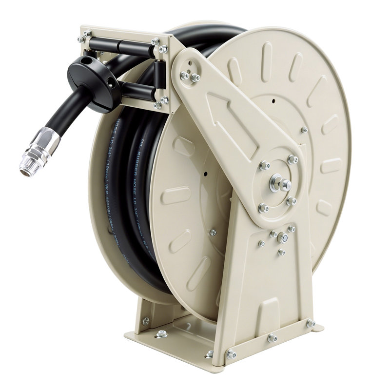 Enrouleur de tuyau de carburant rétractable, 19 mm x 15 m, enroulement automatique à ressort, 20,7 bar, cadre robuste en acier au carbone avec tuyau en caoutchouc de qualité industrielle, convient au diesel et au kérosène