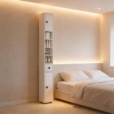 Armoire de rangement mince avec tiroir et tablette ouverte