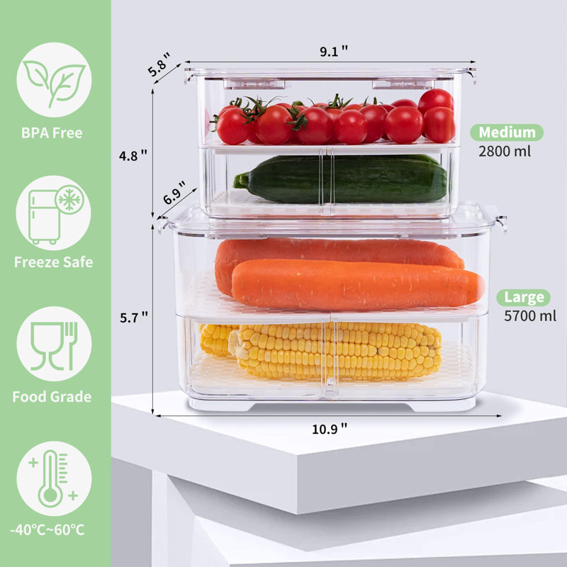 Food Storage Containers Fridge Produce Saver- Stackable Refrigerator Organizer Keeper Drawers Bins Baskets With Lids And Removable Drain Tray For Veggie, Berry And Fruits, 1 Medium And 1 Large