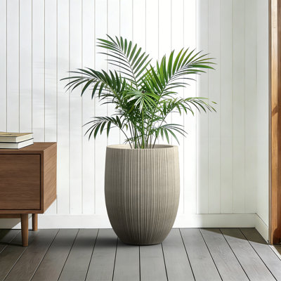17 in. Large Stone Gray Concrete Round Fluted Planter Pot Barrel-Style Plant Pot with Drainage Holes, Upgraded Interior