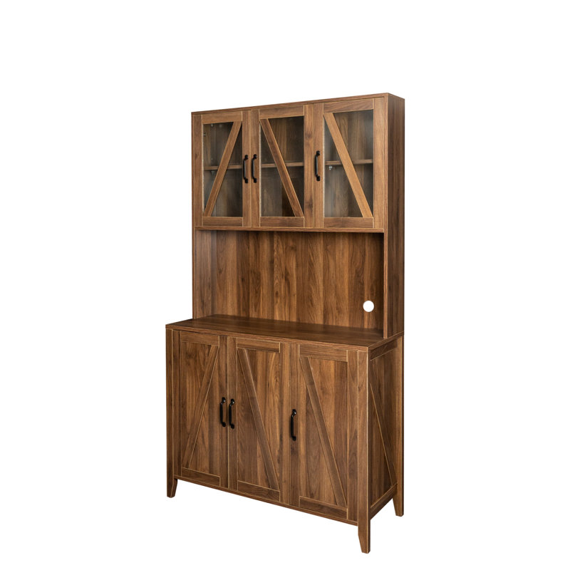 Grande armoire de rangement Milvio avec portes en verre, tiroirs et tablettes ouvertes, armoire de cuisine sur pied pour le salon