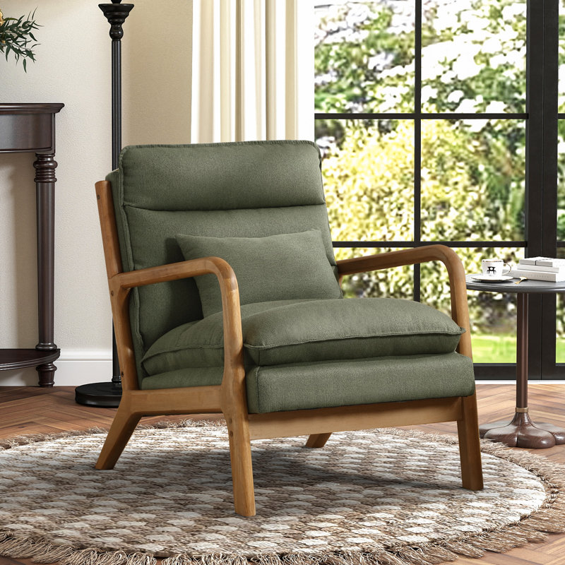 Lechia 25.79" Wide Comfort Linen Upholstered Arm Accent Chair With Lumbar Pillow, Green Linen