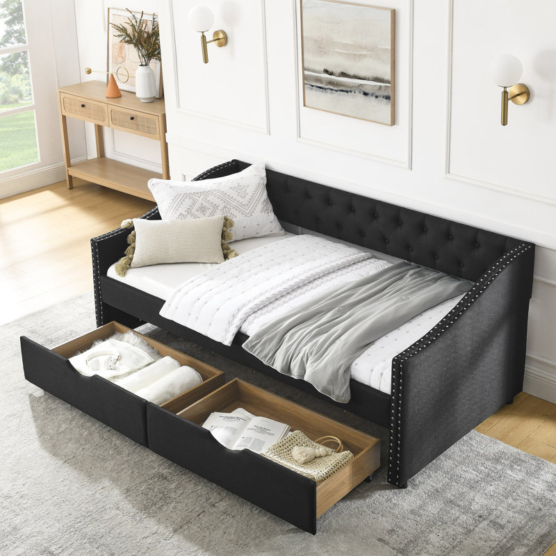Twin Size Daybed With Linen Fabric And Underbed Storage Solutions Black Upholstered Drawers 500lbs Weight Capacity, Twin