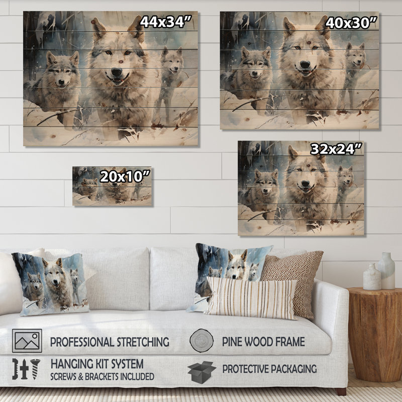 Neige loups en hiver III - loup sur bois, H 34 po x l 44 po x P 0,78 po