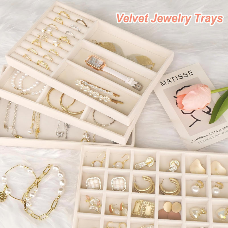 Stackable Jewellery Trays Organizer For Drawer, 4 Set Of Jewellery Organizers And Display Case Storage, Velvet Drawer Inserts Organizer,Beige