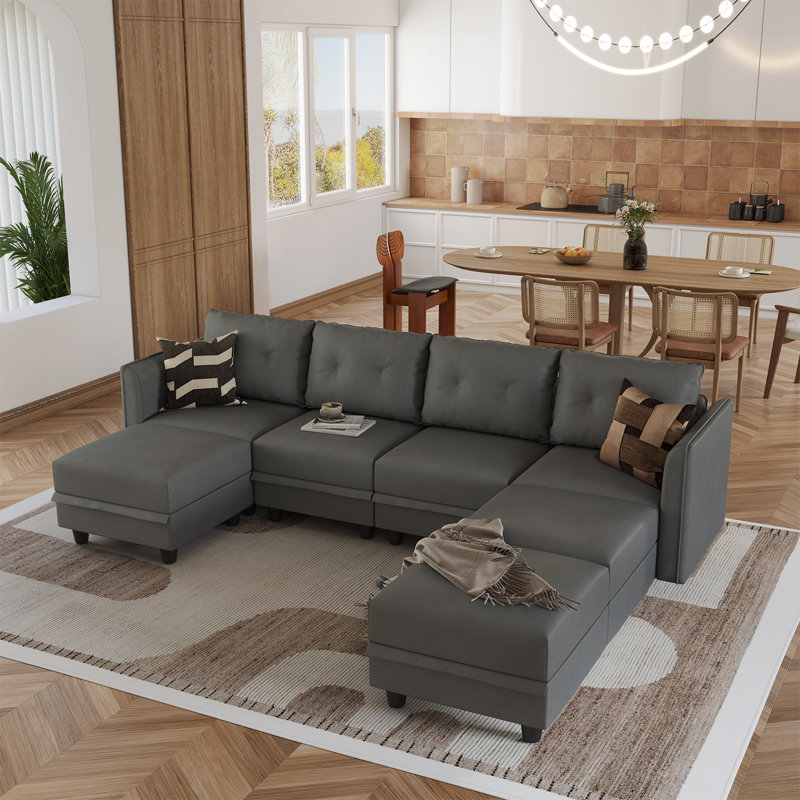 Zendajas 7 - Piece Modular U-Shape Sectional Sofa with Ottoman, Navy Blue Polyester Blend