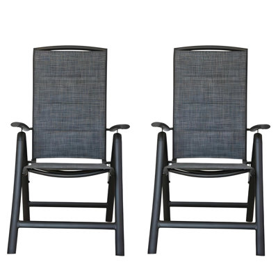 Folding Aluminium Patio Chairs ( Of 2) - Reclining Sling Lawn With Adjustable For Outdoor Use Dark Gray Porch Armchairs Frame Breathable Fabric And Locking Bar (2