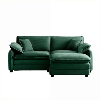 2-Seater L-Shaped Sofa with Ottoman - Retro-Modern Sage Green Corduroy for Small Spaces | Sage Green | Corduroy