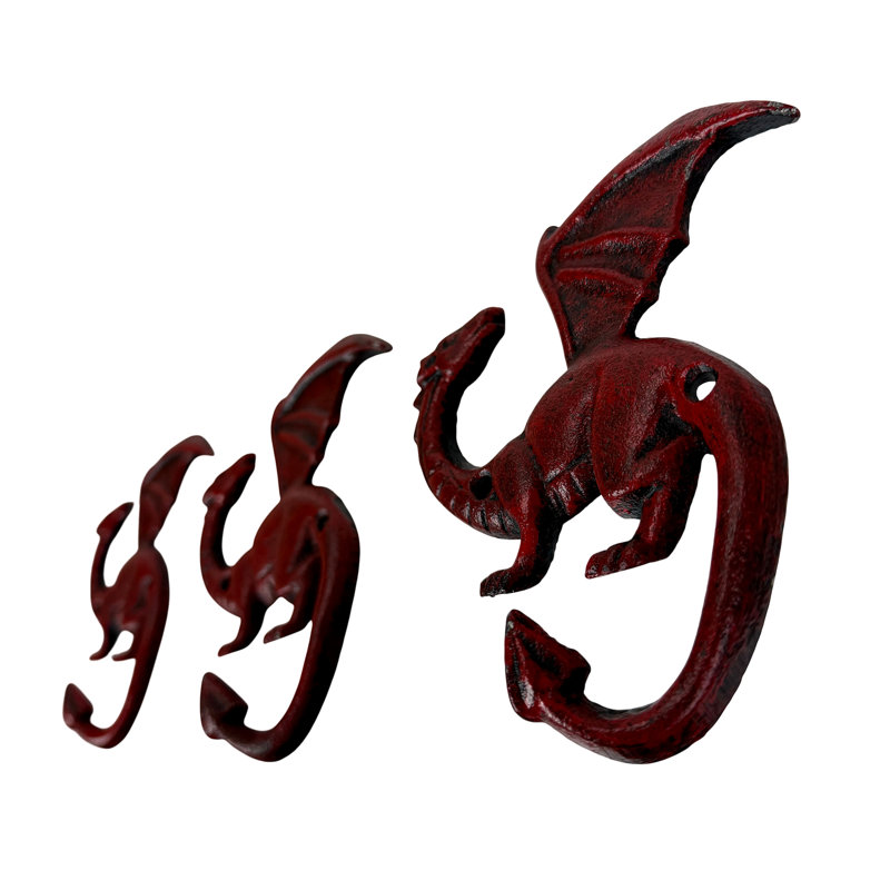 Ensemble de 3 crochets muraux en fonte en forme de dragon, couleur rouille rouge avec détails noirs, hauteur 13,3 cm (5,25 pouces).