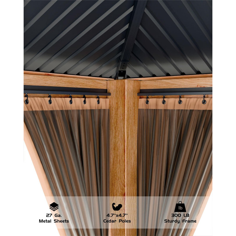 Abri de jardin en bois dur 10 pi x 10 pi pour tous les temps, avec double toit en métal, structure en bois robuste, filet et rideau, bâtiment permanent pour patio, terrasse, cour, jardin et jardin