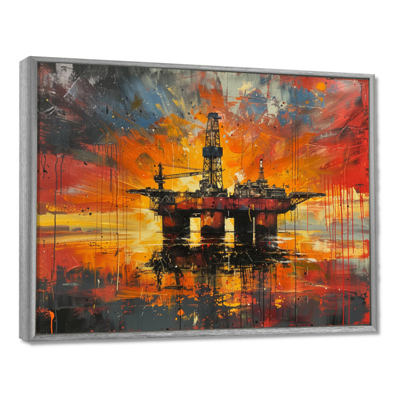 «Orange Orange Oil Rig Ocean Drill» - Art mural, H 24 po x l 32 po x P 1 po, Toile argentée avec cadre flottant
