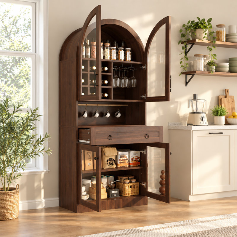 Meuble-bar arqué de 70 pouces avec casier à vin, porte-verres et tablette ajustable, Brown