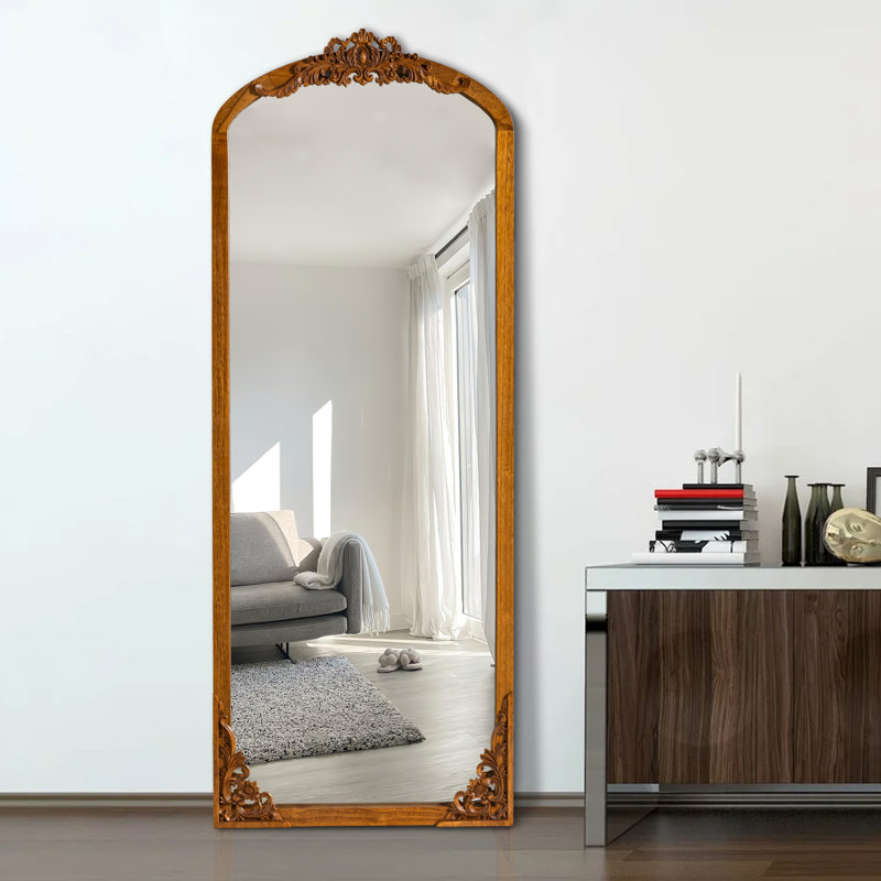 Anjulie Arch Solid Wood Mirror Ornate Mirror Wall Mirror Retro Mirror with Carved Frame, 64" x 21", Walnut