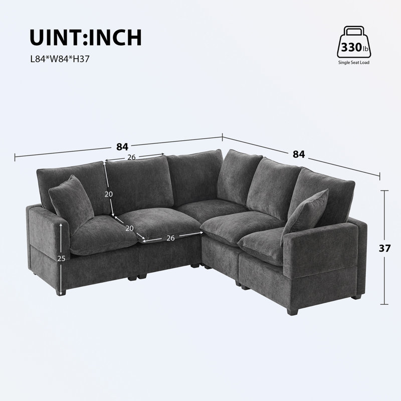Modern L Shape Modular Sectional Sofa 5 Seat Chenille Couch with 2 Pillows Combinable for Room, Black Chenille