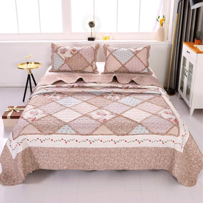 Ensemble de courtepointe pour grand lit Ensemble de couvre-lit matelassé réversible 3 pièces à motif floral clair et léger Ensemble de courtepointe grand, couvre-lit grand, courtepointe réversible, courtepointe rose clair, grand