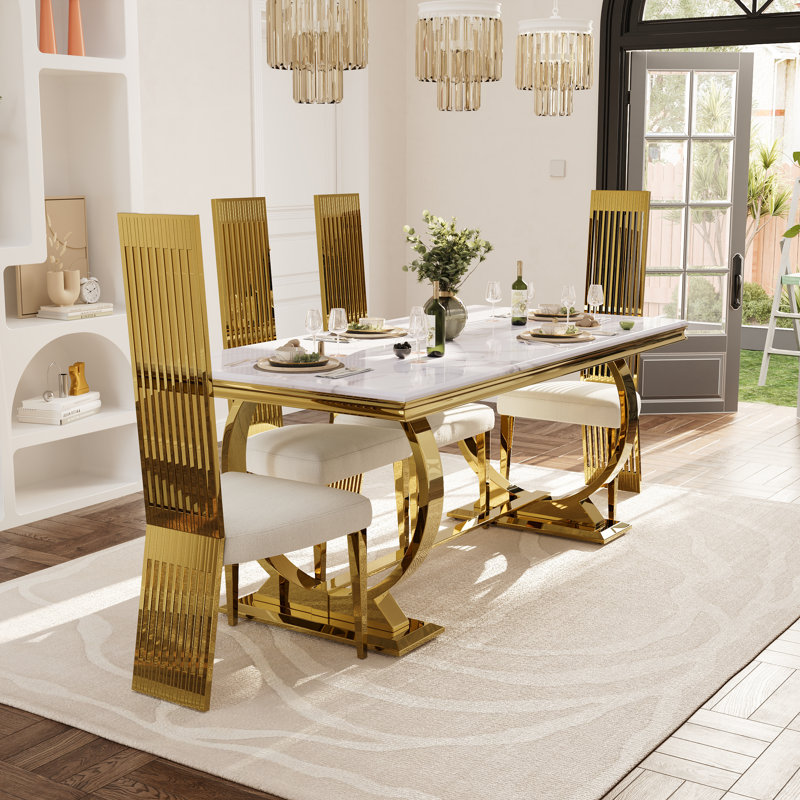 5 Piece Dining Table Set With 4 White Boucle Dining Chairs, Gold, Gray